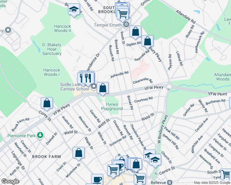 map of restaurants, bars, coffee shops, grocery stores, and more near 491 VFW Parkway in Brookline