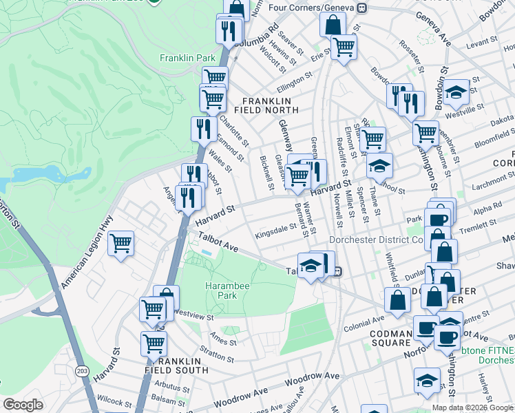 map of restaurants, bars, coffee shops, grocery stores, and more near 57-59 Nightingale Street in Boston