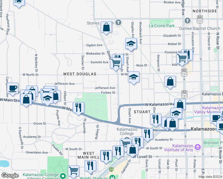 map of restaurants, bars, coffee shops, grocery stores, and more near 1119 Jefferson Avenue in Kalamazoo