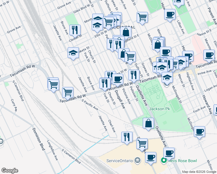 map of restaurants, bars, coffee shops, grocery stores, and more near 395 Tecumseh Road West in Windsor