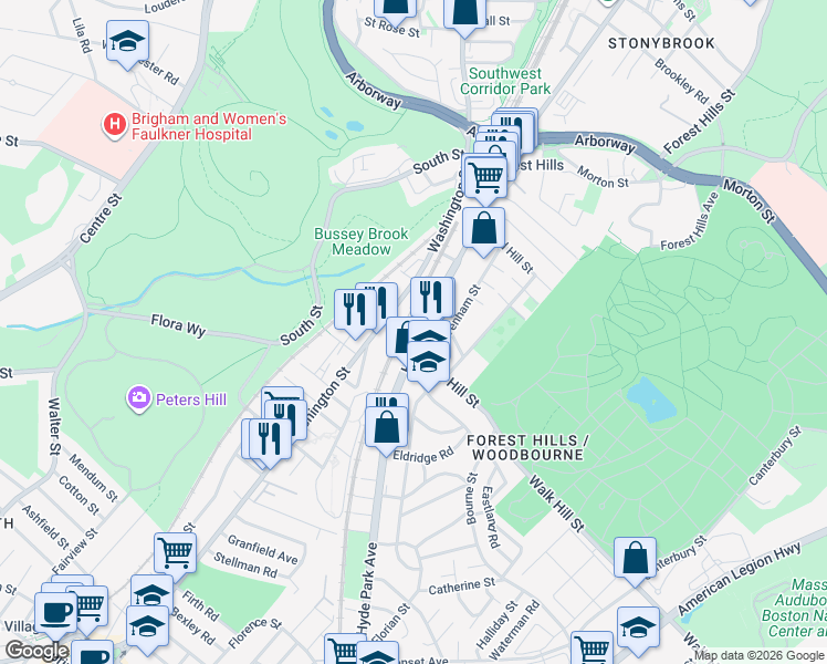 map of restaurants, bars, coffee shops, grocery stores, and more near 157 Hyde Park Avenue in Boston