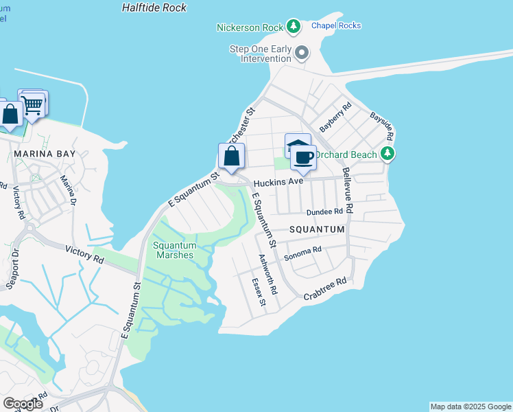 map of restaurants, bars, coffee shops, grocery stores, and more near 821 East Squantum Street in Quincy