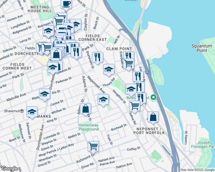map of restaurants, bars, coffee shops, grocery stores, and more near 80 Neponset Avenue in Boston