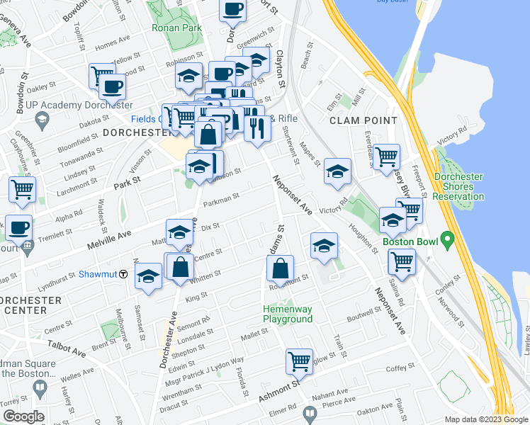 map of restaurants, bars, coffee shops, grocery stores, and more near 393 Adams Street in Boston
