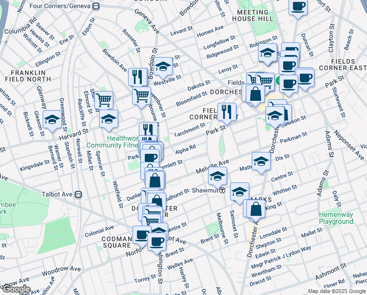 map of restaurants, bars, coffee shops, grocery stores, and more near 34 Tremlett Street in Boston