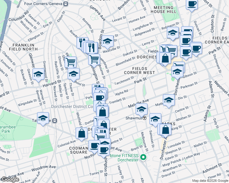 map of restaurants, bars, coffee shops, grocery stores, and more near 54 Alpha Road in Boston