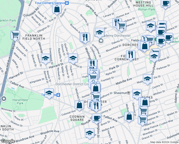map of restaurants, bars, coffee shops, grocery stores, and more near 504 Park Street in Boston