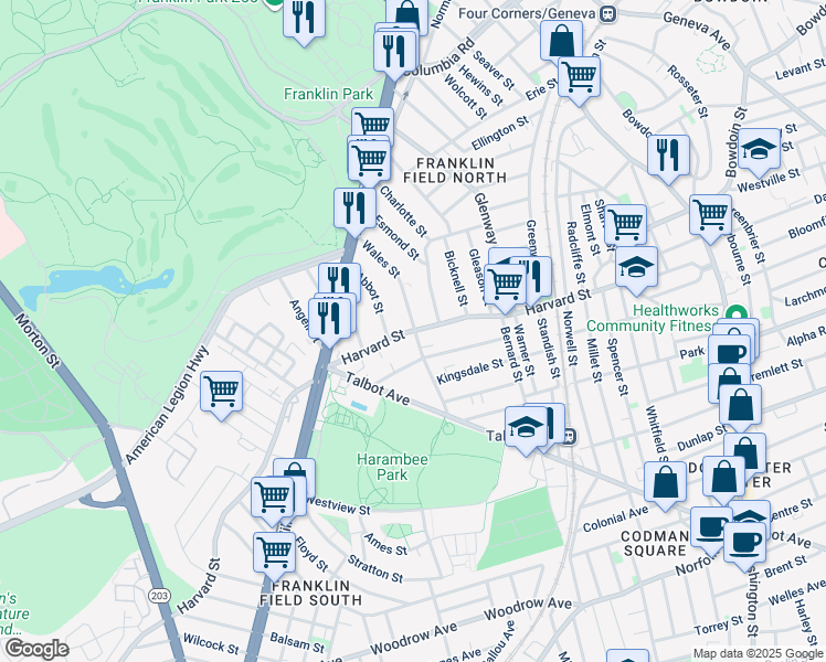 map of restaurants, bars, coffee shops, grocery stores, and more near 193 Harvard Street in Boston