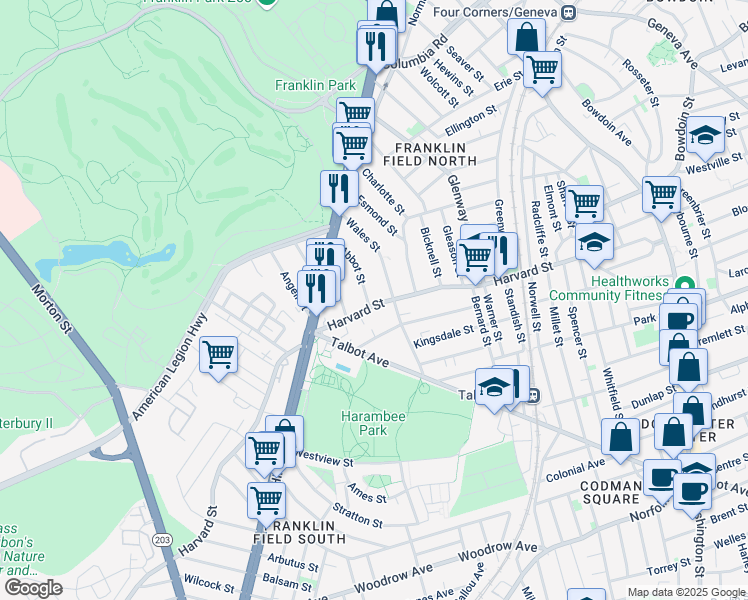 map of restaurants, bars, coffee shops, grocery stores, and more near 210 Harvard Street in Boston