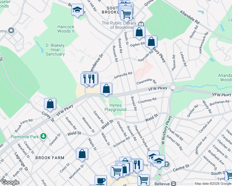 map of restaurants, bars, coffee shops, grocery stores, and more near 549 VFW Parkway in Boston