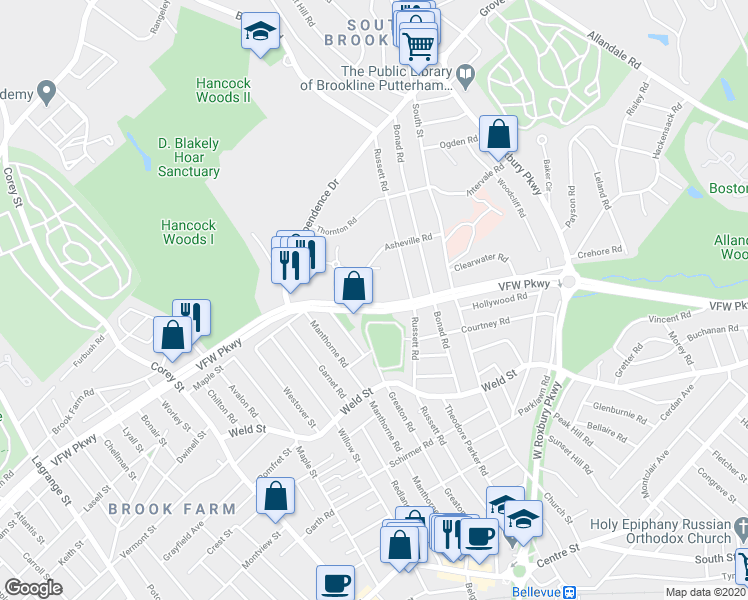 map of restaurants, bars, coffee shops, grocery stores, and more near 549 VFW Parkway in Boston