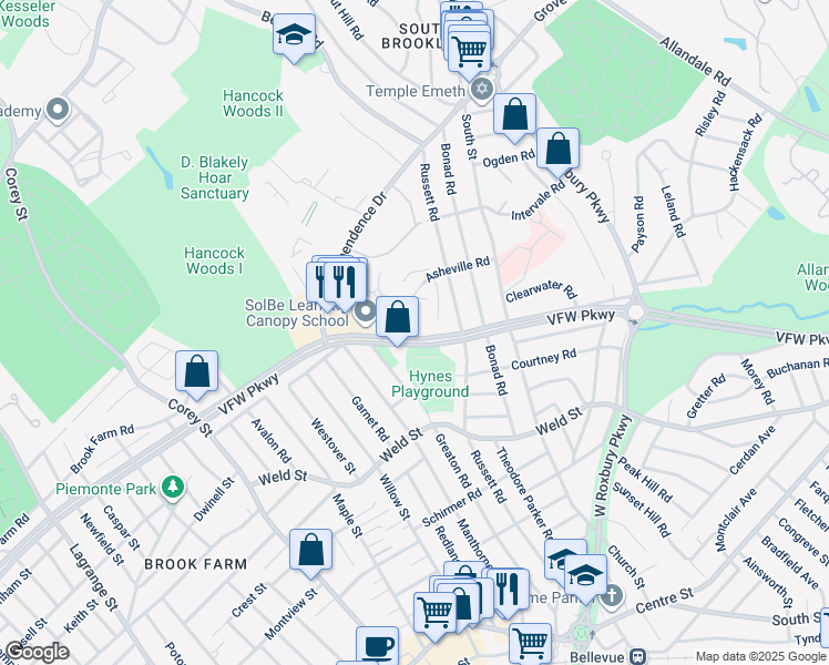 map of restaurants, bars, coffee shops, grocery stores, and more near 549 VFW Parkway in Boston