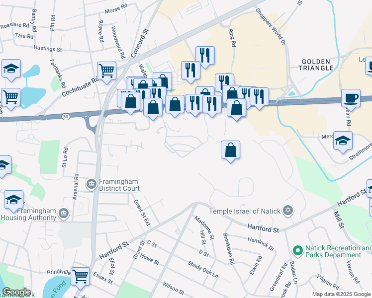 map of restaurants, bars, coffee shops, grocery stores, and more near in Framingham
