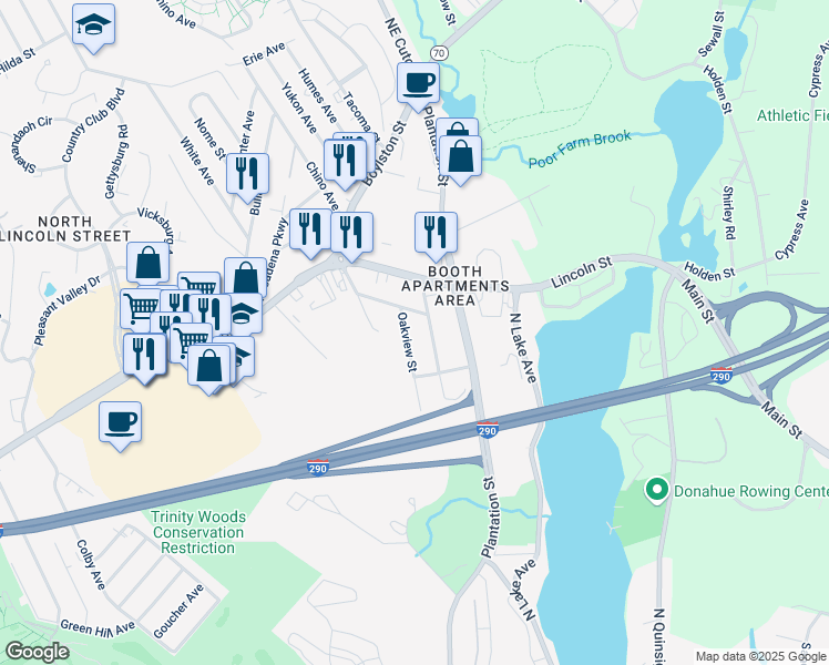 map of restaurants, bars, coffee shops, grocery stores, and more near 24 Amesbury Street in Worcester