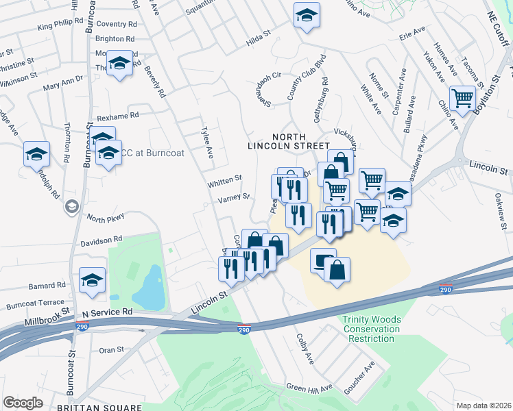 map of restaurants, bars, coffee shops, grocery stores, and more near 43 Goldthwaite Road in Worcester