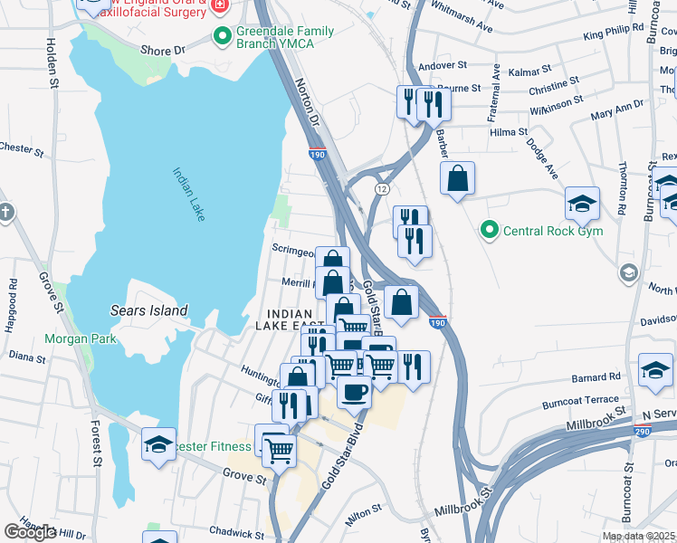 map of restaurants, bars, coffee shops, grocery stores, and more near 3 Merrill Road in Worcester