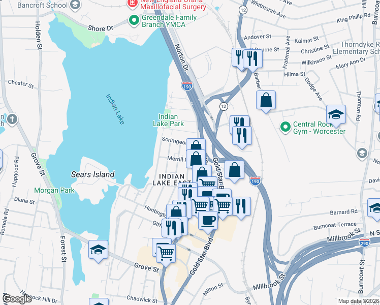 map of restaurants, bars, coffee shops, grocery stores, and more near 3 Merrill Road in Worcester