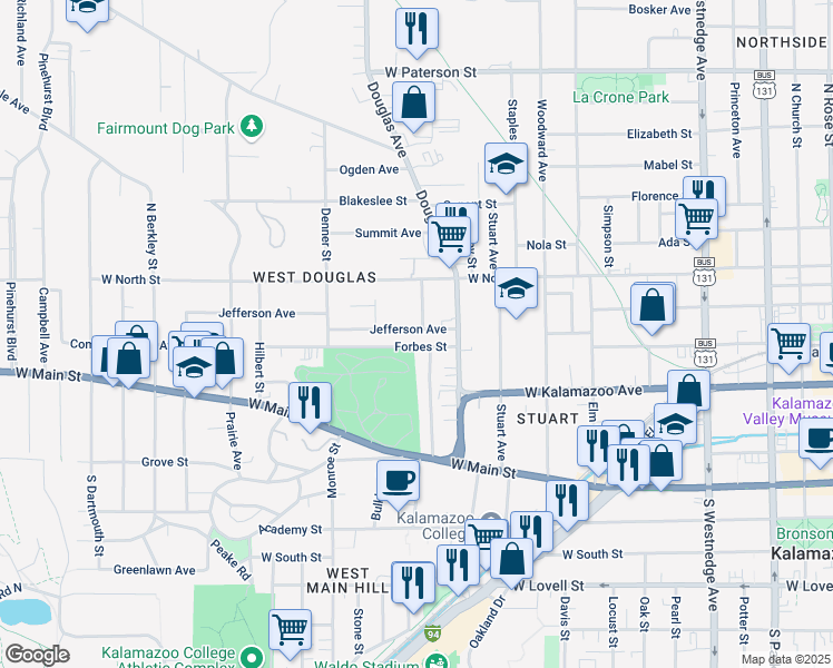 map of restaurants, bars, coffee shops, grocery stores, and more near 1121 Forbes Street in Kalamazoo