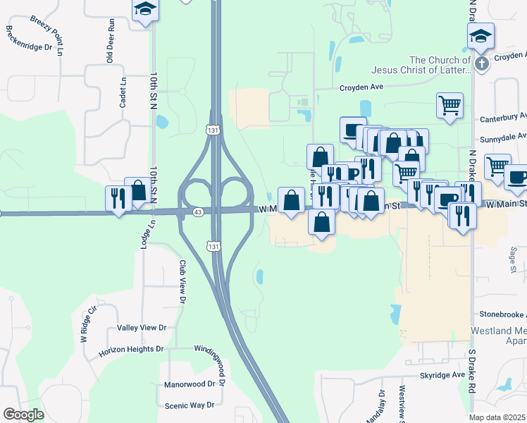 map of restaurants, bars, coffee shops, grocery stores, and more near 5650 W Main St in Kalamazoo