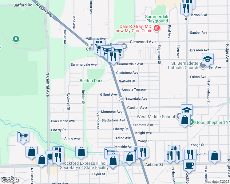 map of restaurants, bars, coffee shops, grocery stores, and more near 3202 Gilbert Avenue in Rockford