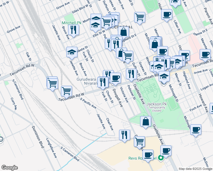 map of restaurants, bars, coffee shops, grocery stores, and more near 395 Tecumseh Road West in Windsor