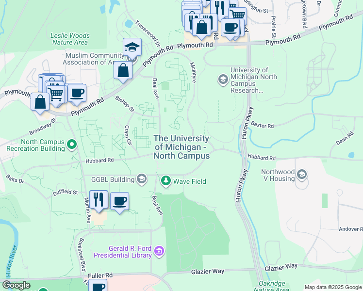 map of restaurants, bars, coffee shops, grocery stores, and more near 2101 Bonisteel Boulevard in Ann Arbor