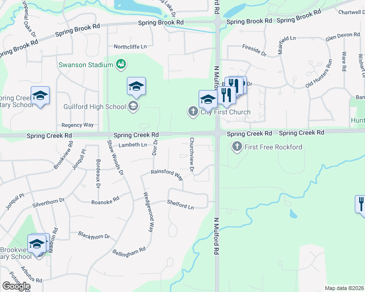 map of restaurants, bars, coffee shops, grocery stores, and more near 2202 Churchview Drive in Rockford