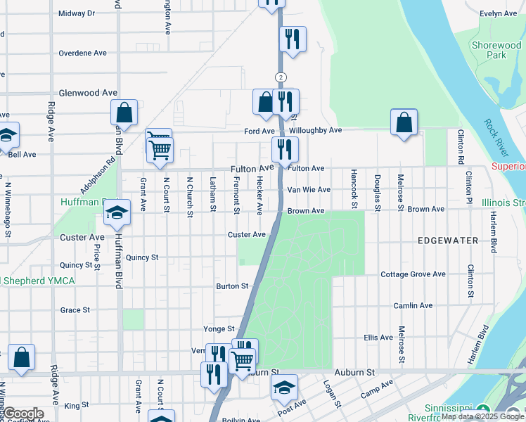 map of restaurants, bars, coffee shops, grocery stores, and more near 2126 North Main Street in Rockford