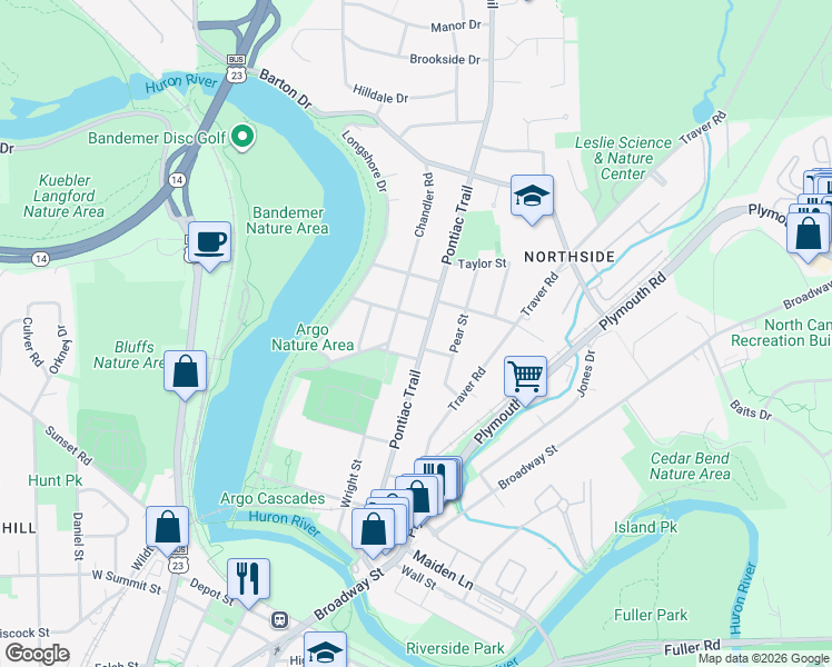 map of restaurants, bars, coffee shops, grocery stores, and more near in Ann Arbor