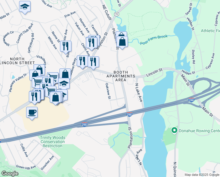 map of restaurants, bars, coffee shops, grocery stores, and more near 24 Amesbury Street in Worcester