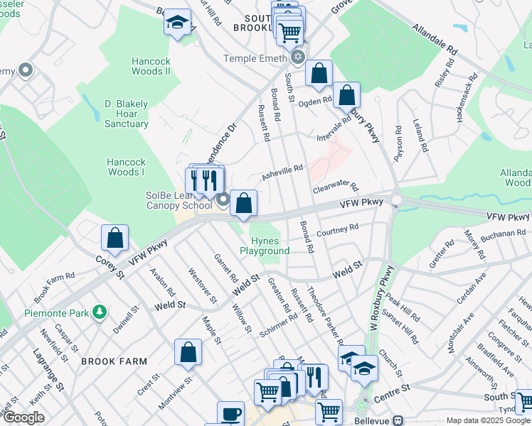 map of restaurants, bars, coffee shops, grocery stores, and more near 549 VFW Parkway in Boston
