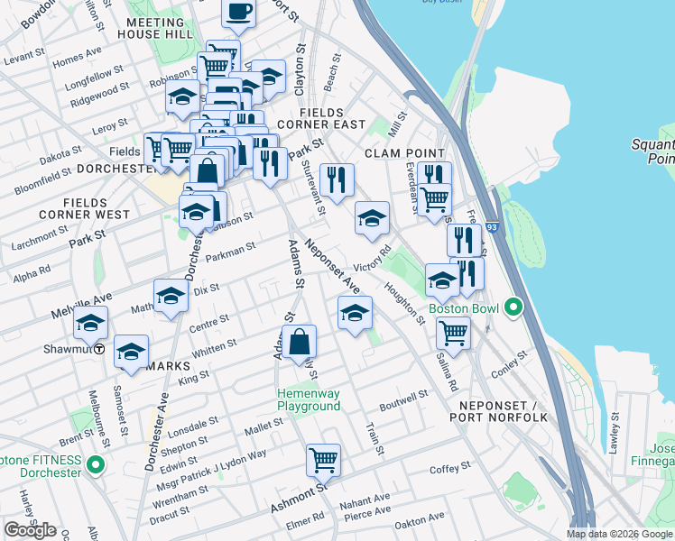 map of restaurants, bars, coffee shops, grocery stores, and more near Neponset Ave & Victory Rd in Boston