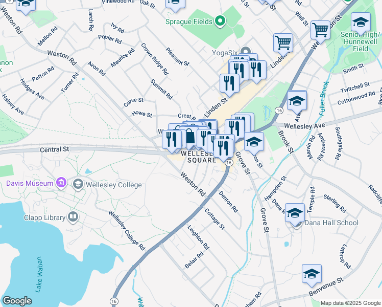 map of restaurants, bars, coffee shops, grocery stores, and more near 66 Church Street in Wellesley