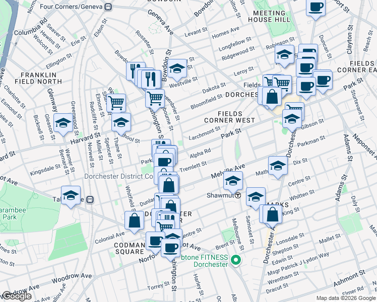 map of restaurants, bars, coffee shops, grocery stores, and more near 54 Alpha Road in Boston