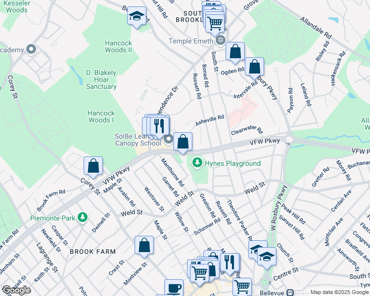 map of restaurants, bars, coffee shops, grocery stores, and more near 549 VFW Parkway in Boston