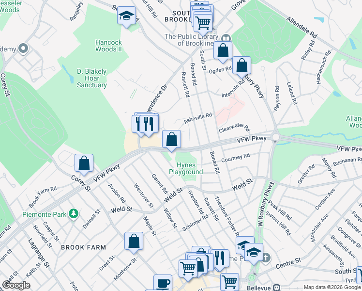 map of restaurants, bars, coffee shops, grocery stores, and more near 549 VFW Parkway in Boston