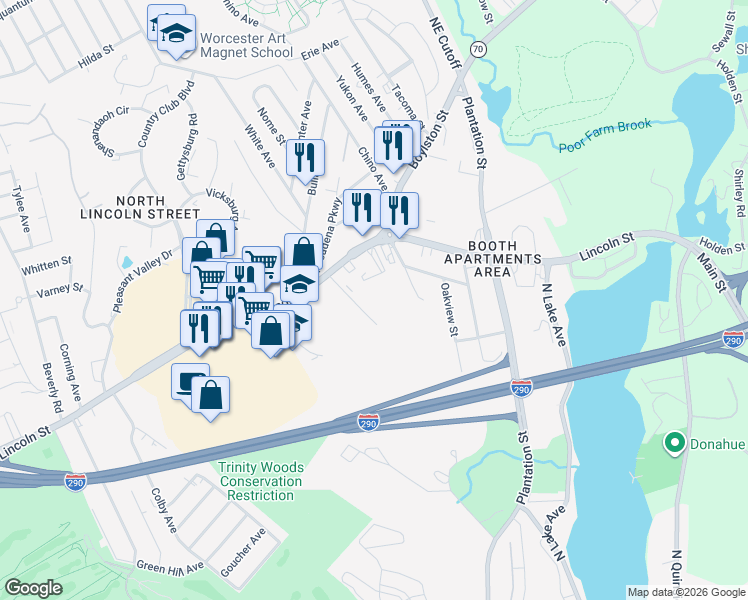 map of restaurants, bars, coffee shops, grocery stores, and more near 25 Oriol Drive in Worcester