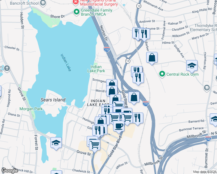 map of restaurants, bars, coffee shops, grocery stores, and more near 3 Merrill Road in Worcester