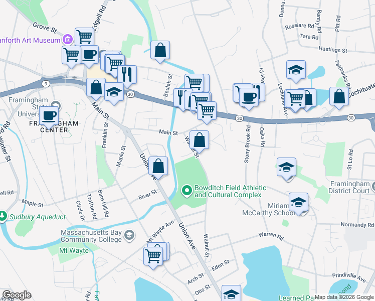 map of restaurants, bars, coffee shops, grocery stores, and more near 224 Walnut Street in Framingham