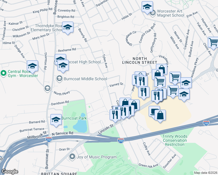 map of restaurants, bars, coffee shops, grocery stores, and more near 9 Kelley Street in Worcester