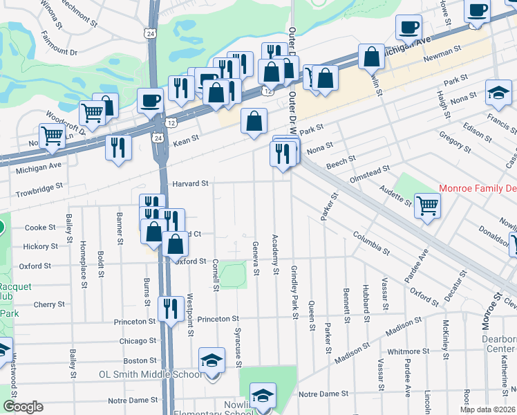 map of restaurants, bars, coffee shops, grocery stores, and more near 2121 Geneva Street in Dearborn