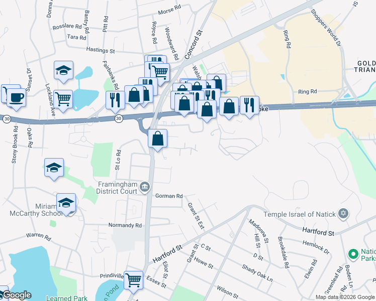 map of restaurants, bars, coffee shops, grocery stores, and more near 55 Phelps Road in Framingham