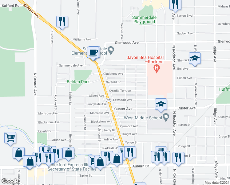 map of restaurants, bars, coffee shops, grocery stores, and more near 3032 Arcadia Terrace in Rockford