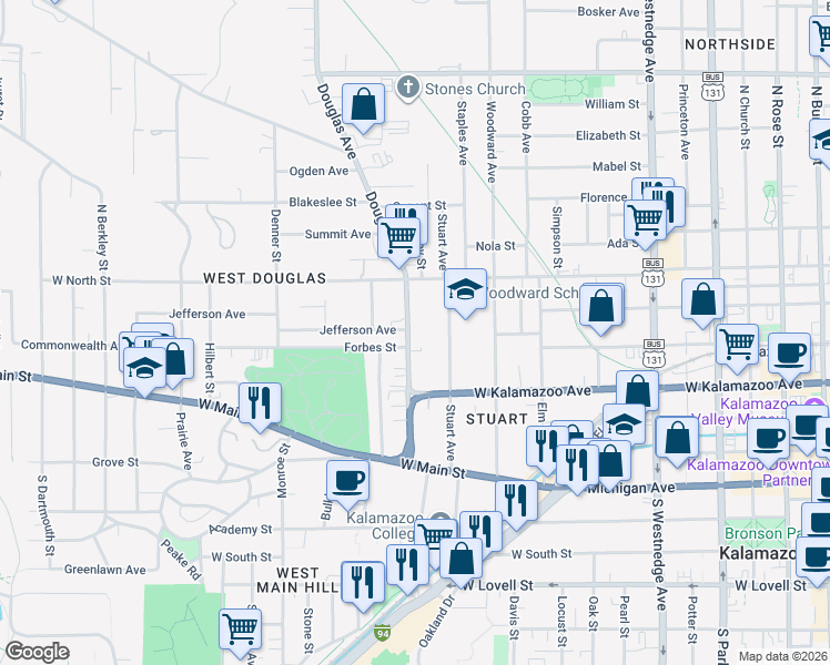 map of restaurants, bars, coffee shops, grocery stores, and more near 440 Douglas Avenue in Kalamazoo