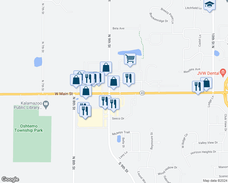 map of restaurants, bars, coffee shops, grocery stores, and more near 6660 W Main St in Kalamazoo Township