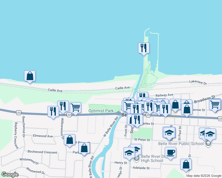 map of restaurants, bars, coffee shops, grocery stores, and more near 1748 Caille Avenue in Lakeshore