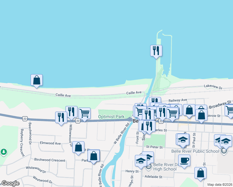 map of restaurants, bars, coffee shops, grocery stores, and more near 1740 Caille Avenue in Belle River