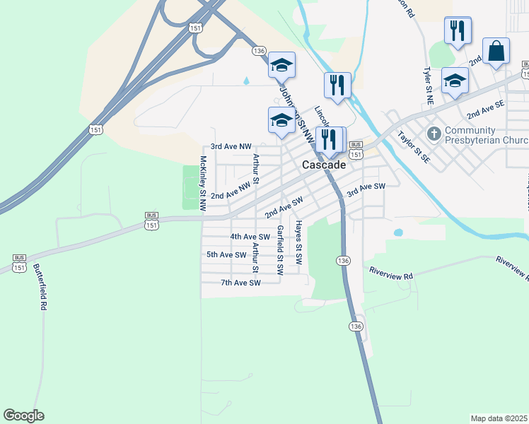 map of restaurants, bars, coffee shops, grocery stores, and more near 199-205 Arthur St SW in Cascade