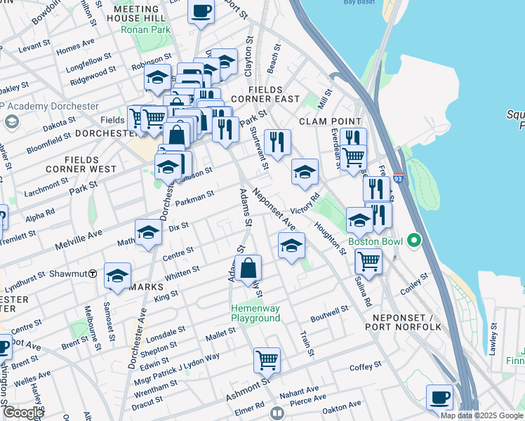 map of restaurants, bars, coffee shops, grocery stores, and more near 16 Train Street in Boston