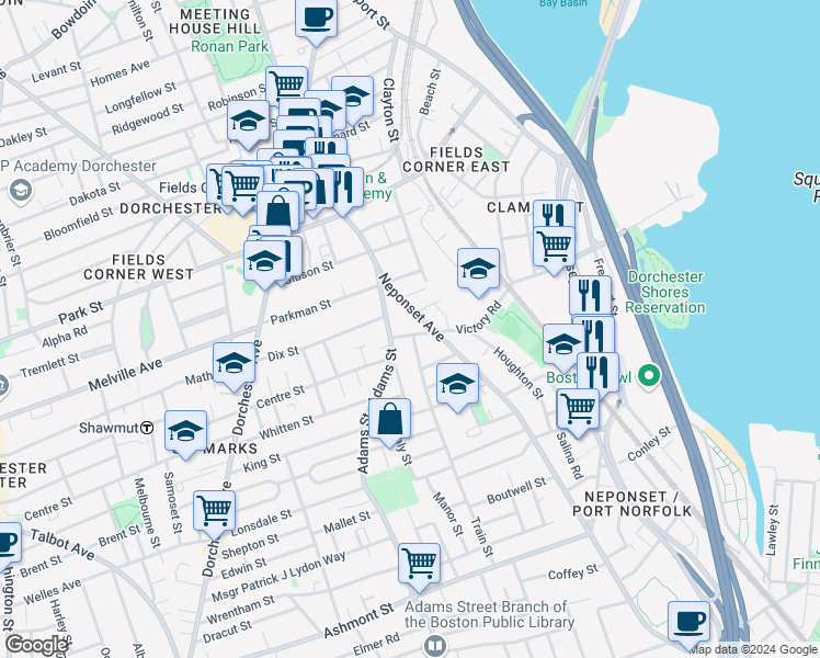 map of restaurants, bars, coffee shops, grocery stores, and more near 16 Train Street in Boston